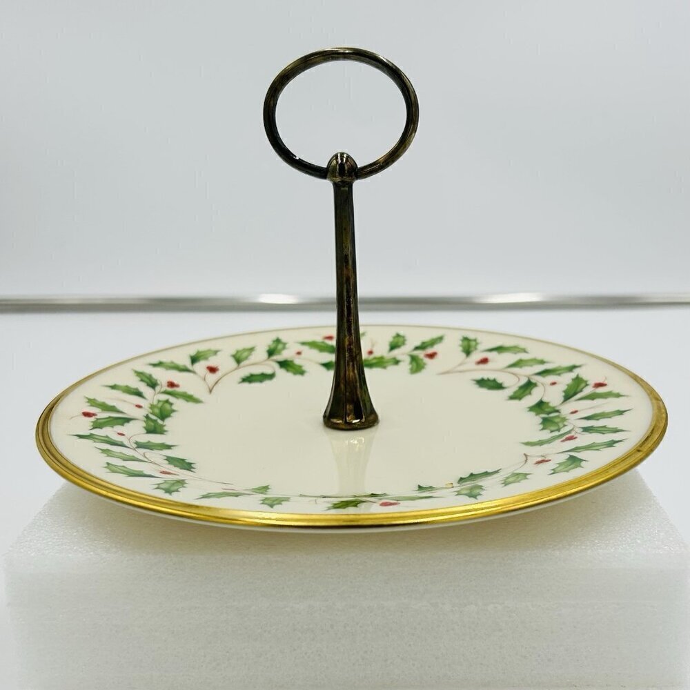 Lenox Holiday Holly Berry Center Handle 8" Server Tidbit Tray USA - Picture 2 of 7